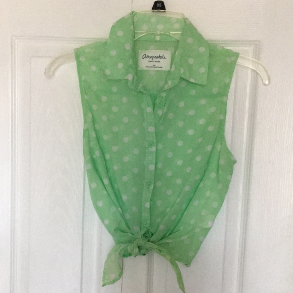 Aeropostale Malachite Green Polka Dot Semi-sheer 100% COTTON  crop tie-front Top